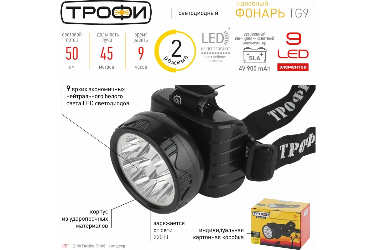 Фонарь налобный аккумуляторный Трофи TG9 — фотография товара