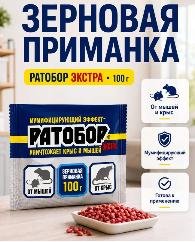Зерно от крыс и мышей 100 г Ратобор Экстра — фотография товара