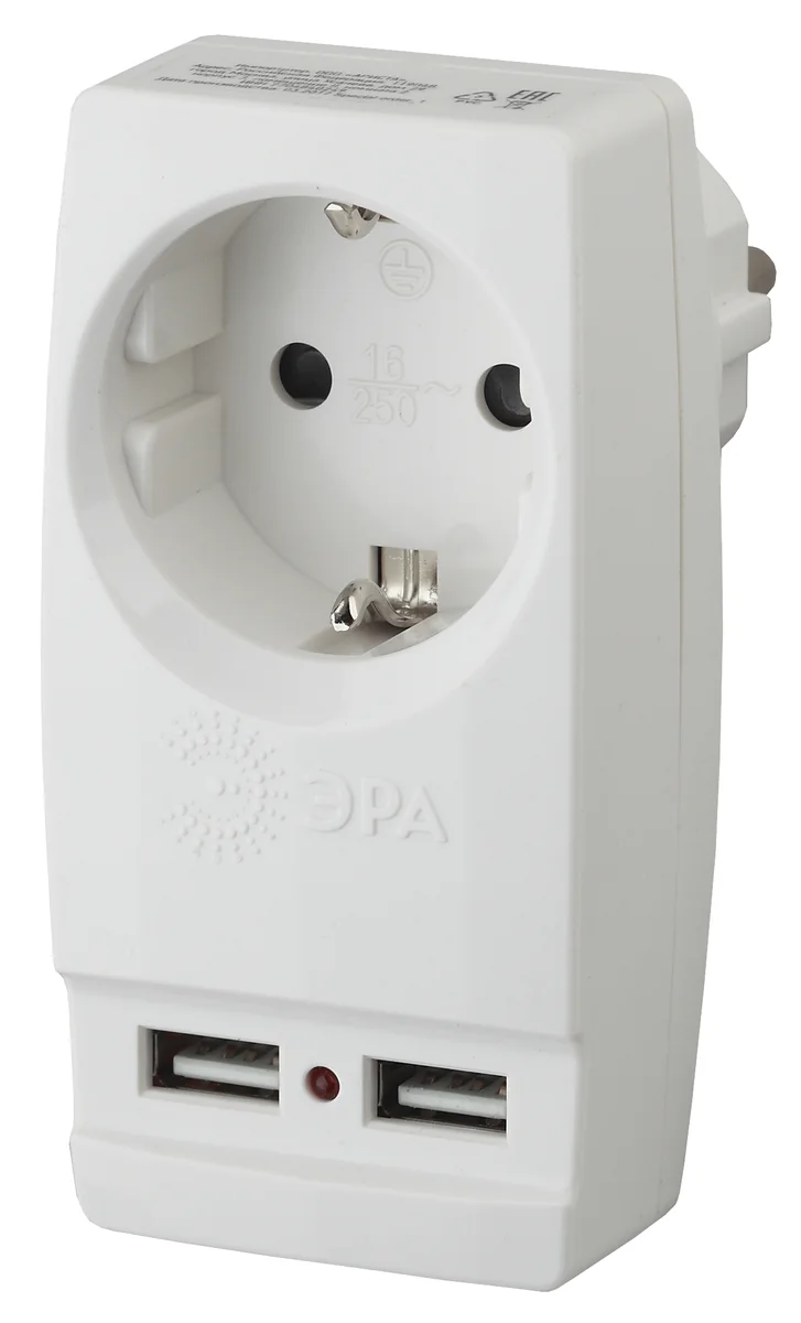 Разветвитель электрический Эра 1 розетки с/з + 2 USB Белый SP-1e-USB-W — фотография товара
