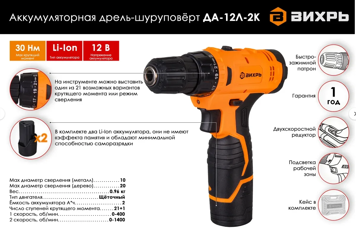 Дрель-шуруповерт акк. Вихрь ДА-12Л-2К/Б б/щ 18 В 2 Ач 2 АКБ кейс 72/14/78 — фотография товара