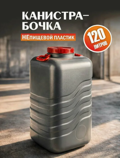 Канистра-бочка ПВХ с навесными ручками 120 л Прямоугольная Серая Альтернатива М8333 — фотография товара