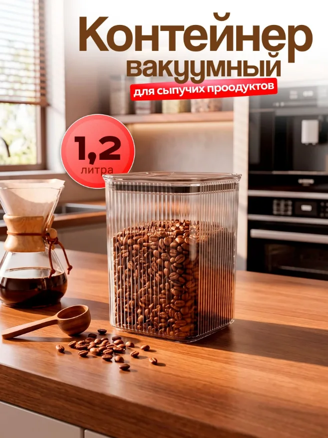 Контейнер вакуум. для сып. продуктов квадратный Рим 1,2 л — фотография товара